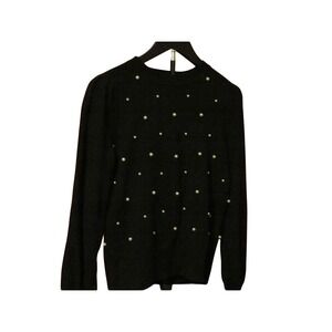 Charter Club Black Faux Pearl Embellished Crewneck Sweater Puff Sleeve Knit Top